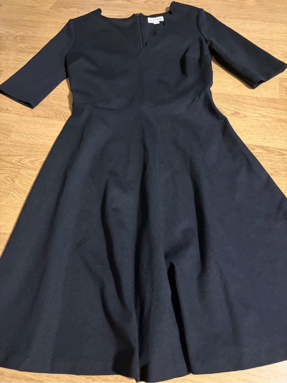 Maison Jules Black Midi Fit-and-Flare ponte knit Dress, scalloped vneck XXS